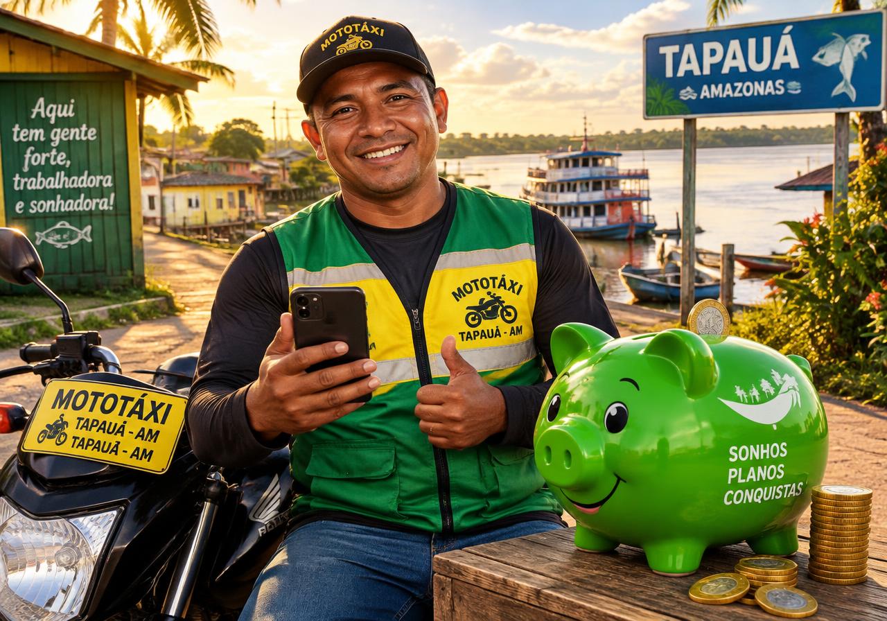 Mototaxista sorrindo ao lado do cofrinho verde cheio de moedas