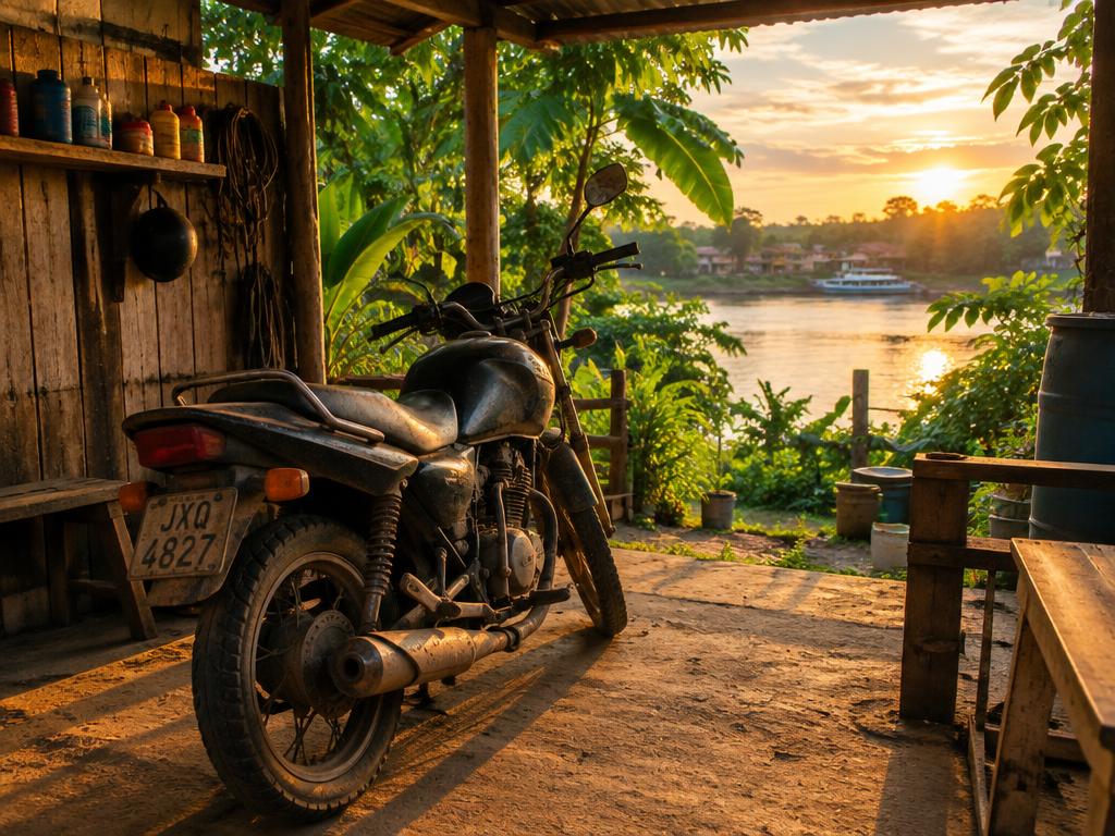 Moto parada na garagem de uma casa em Tapauá no fim da tarde