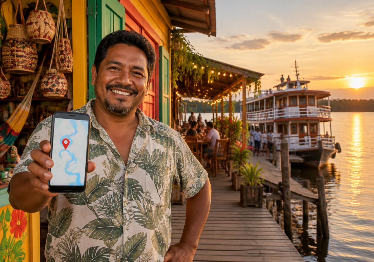 Comerciante de Tapauá com o celular mostrando a loja no mapa e um barco no porto ao fundo