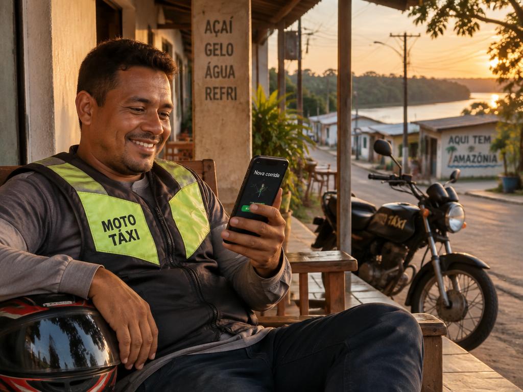 Mototaxista descansando na sombra enquanto recebe uma corrida pelo celular
